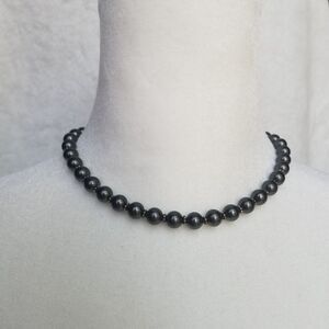 Black Faux Pearl Necklace 925 Sterling Silver 15" Vintage Gothic Victorian